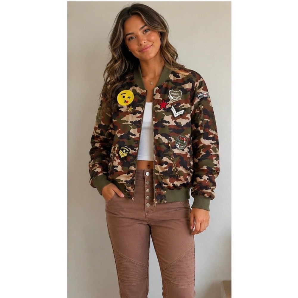 Camo Bomber Jacket with Patches Military Style Emoji Full Zip Green Brown L